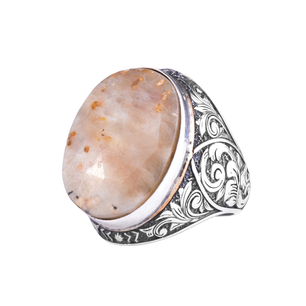 KAMBO Natural Yellow Sapphire Stone Large Ring for Men - Faceted Oval Vintage Engraved Statement Ring - 925 Sterling Silver Handmade Men's Jewelry