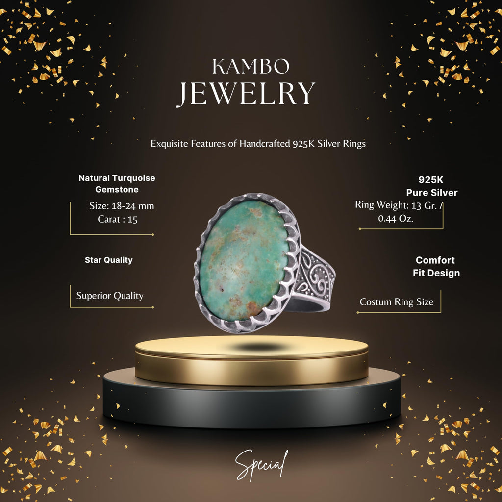 KAMBO Natural Turquoise Stone Men's Ring 925 Sterling Silver Oval Large Ring Handmade Vintage Ottoman Style Ring — 2