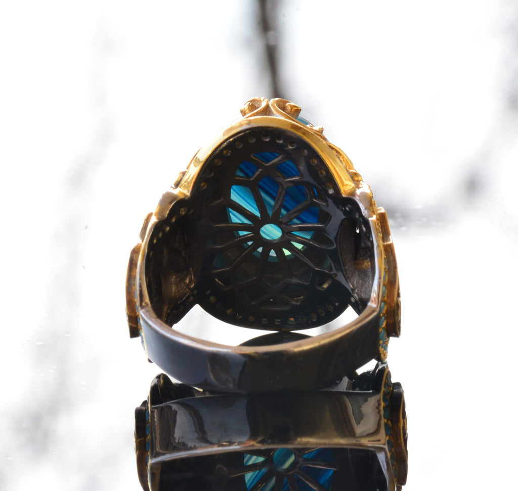 Natural Blue Agate Stone Ring – 925 Sterling Silver King Ring – Gold Plated — 8