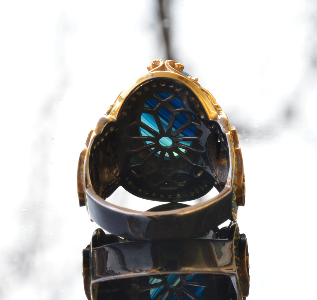 Natural Blue Agate Stone Ring – 925 Sterling Silver King Ring – Gold Plated — 8