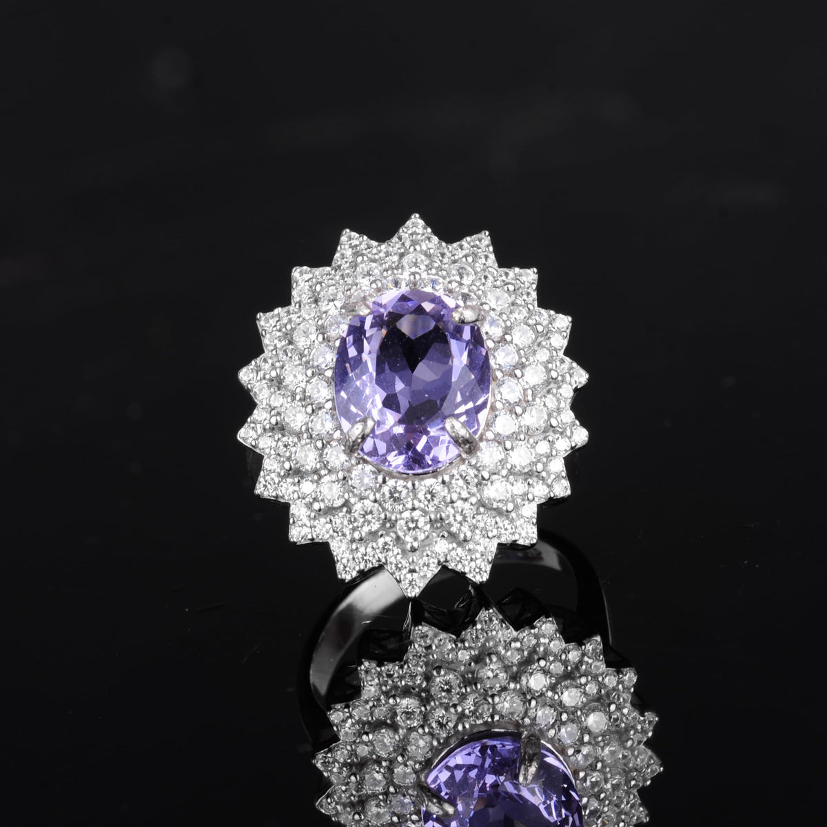 KAMBO 925 Sterling Silver Women's Cocktail Ring – Zircon Halo Created Amethyst Oval Stone – Elegant Statement Jewelry — 4