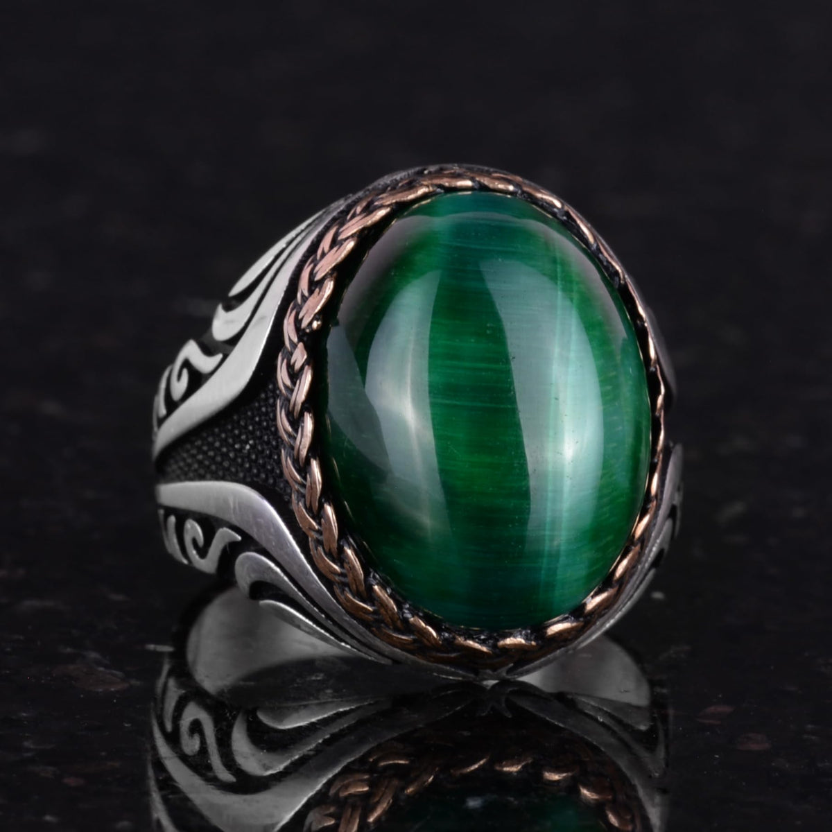 925 Sterling Silver Ring - Synthetic Stone Silver Ring - Handmade Ring (Dark Green Cat's Eye) — 5