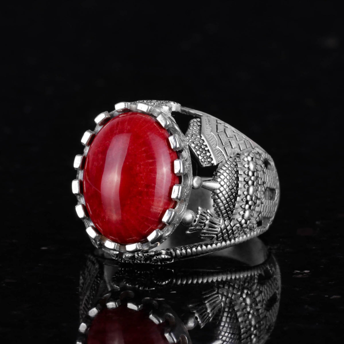 925 Sterling Silver Red Coral Stone Ring — 4
