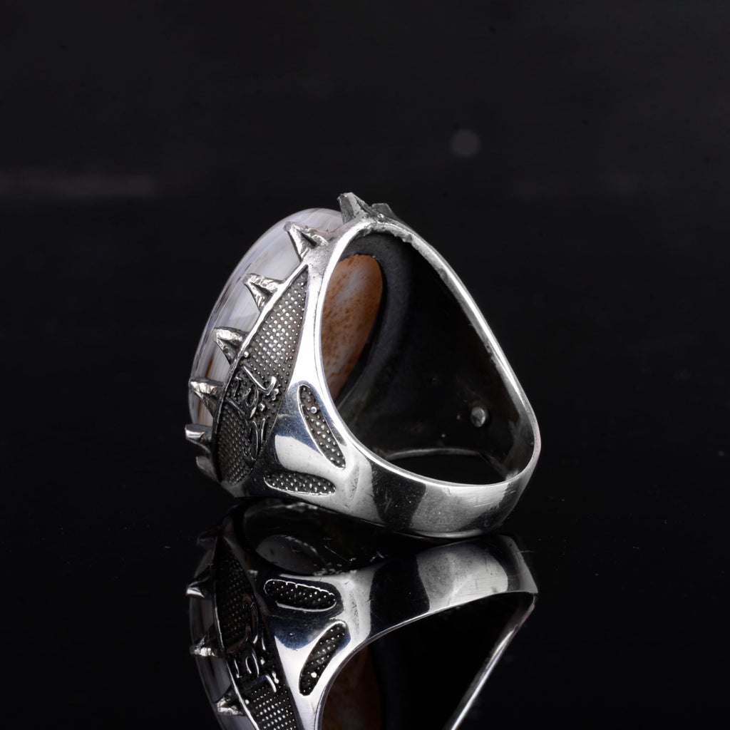 KAMBO Natural Stone Men's Large Ring – 925 Sterling Silver Ottoman Sword Motif Signet Ring (Yemen Agate) — 7