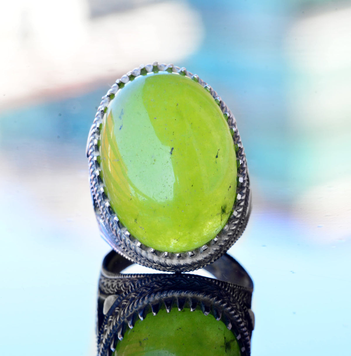Handmade Jade Stone Ring, 925 Sterling Silver Men's Ring - Peace and Balance Design — 8
