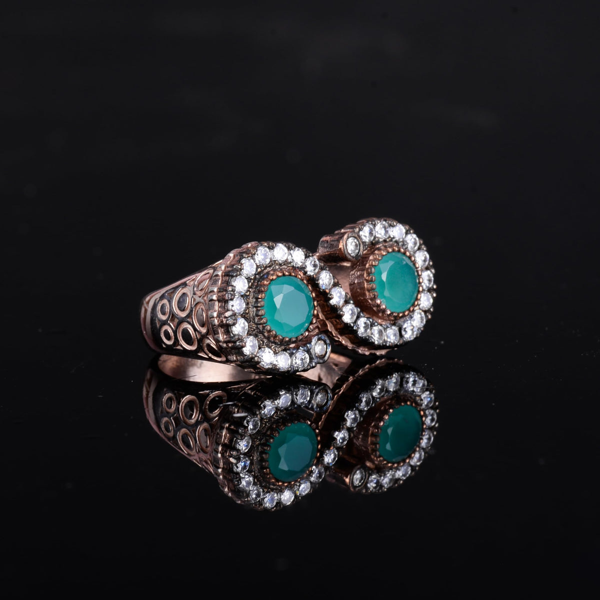 KAMBO 925 Sterling Silver Women's Double Stone Ring – Zircon Halo Rose Gold Plated Green Stone — 6