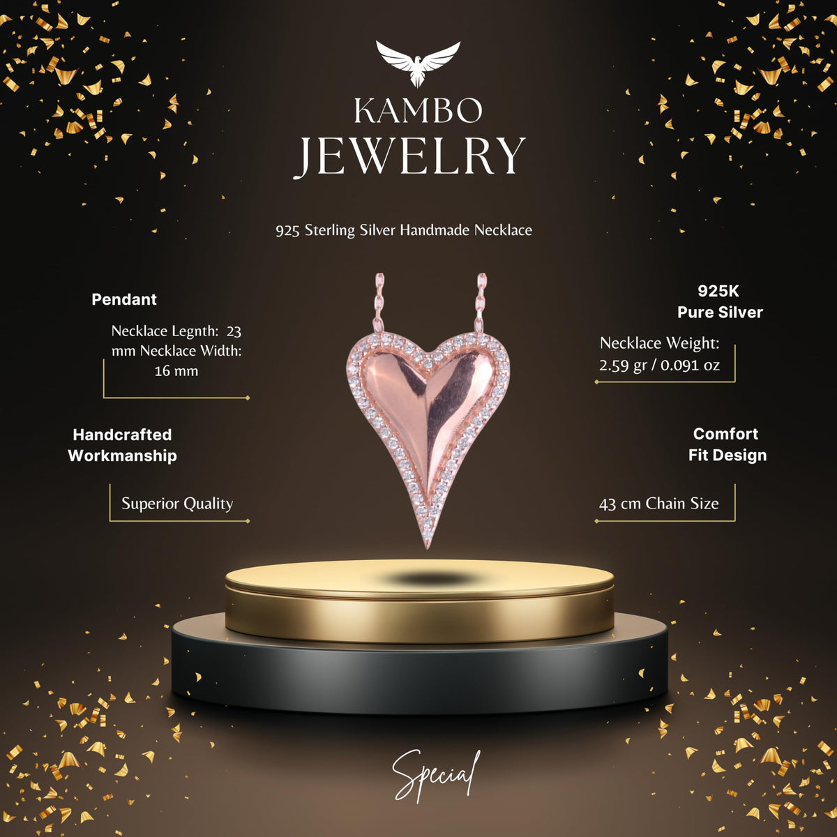 KAMBO 925 Sterling Silver Women's Heart Necklace – Small Charm with Pink Gold Plated Cubic Zirconia – Elegant Minimalist Jewelry Gift – 43cm Chain — 2