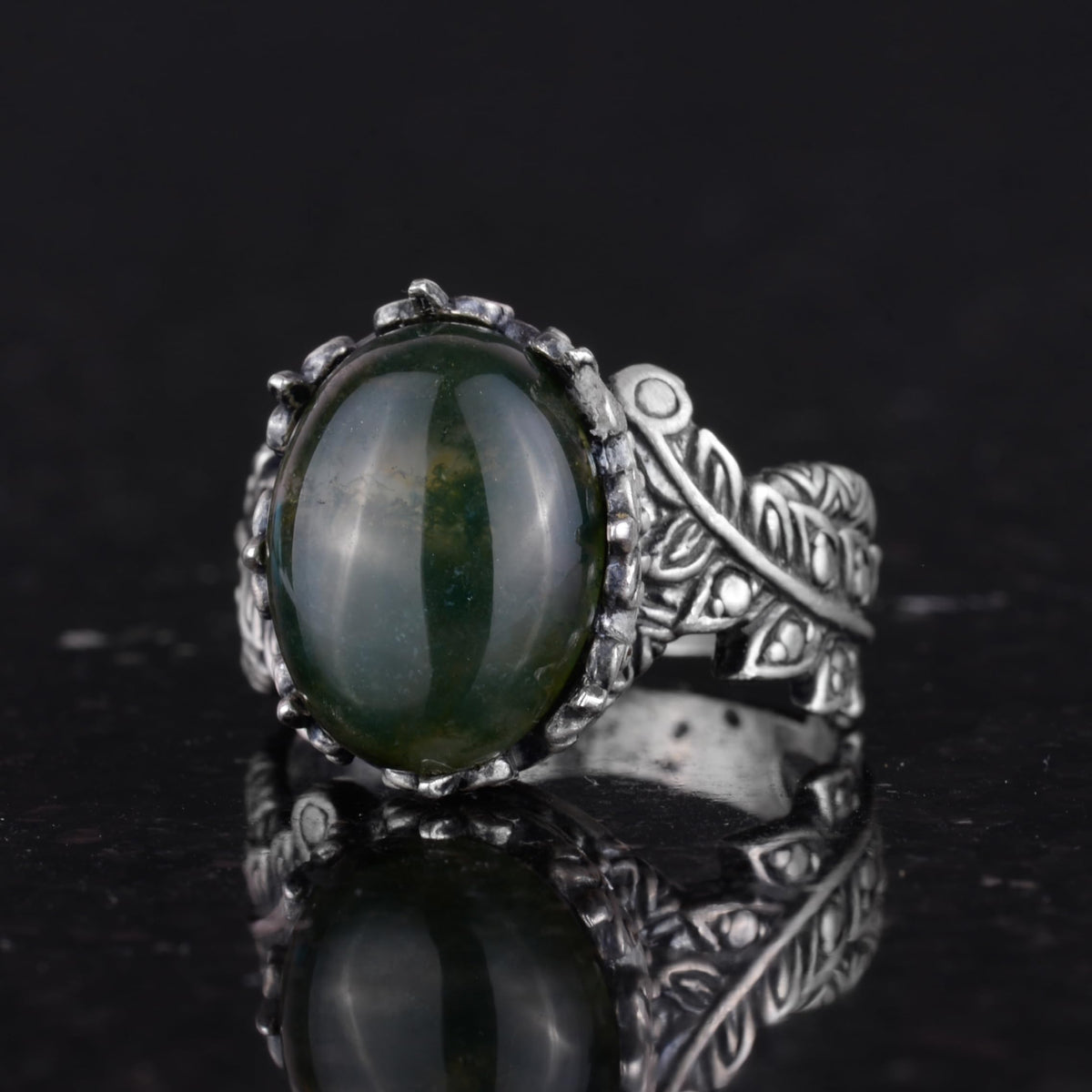 Silver Women's Ring with Natural Moss Agate Stone, Vintage Bohemian Design — 6