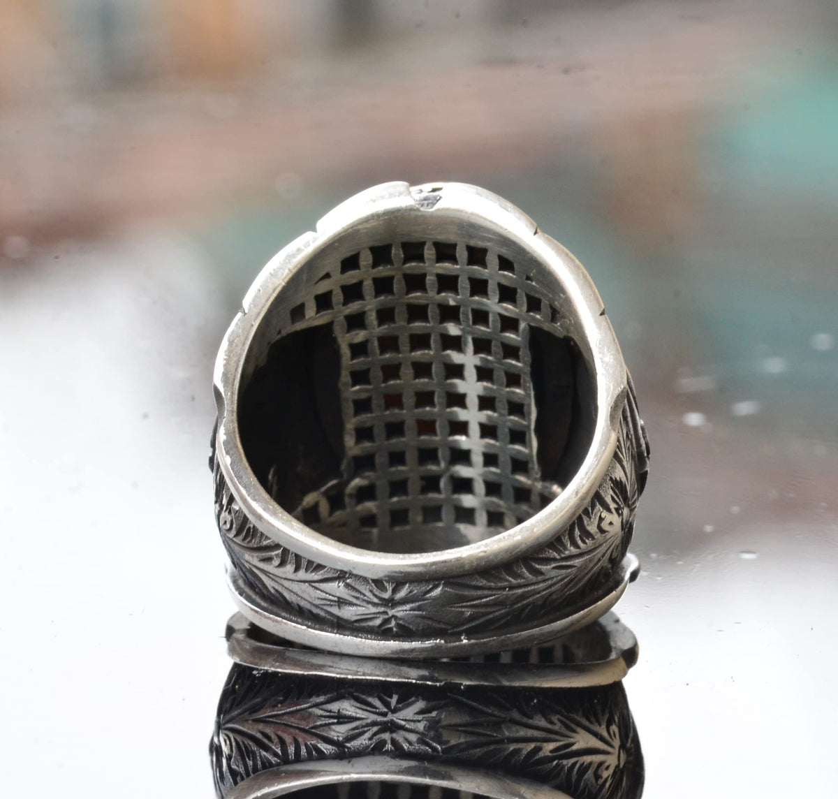 Handmade 925 Sterling Silver Men's Ring with Natural Tiger Eye Stone - Detailed Ottoman Seal Design - Stone Ring — 5