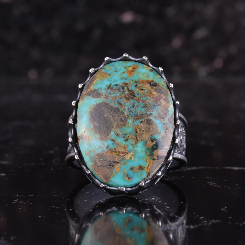 KAMBO Natural Arizona Turquoise Stone Large Men's Ring 925 Sterling Silver Crown Frame Oval Cabochon Ottoman Pattern Handmade Statement Ring (Turquoise-) — 4