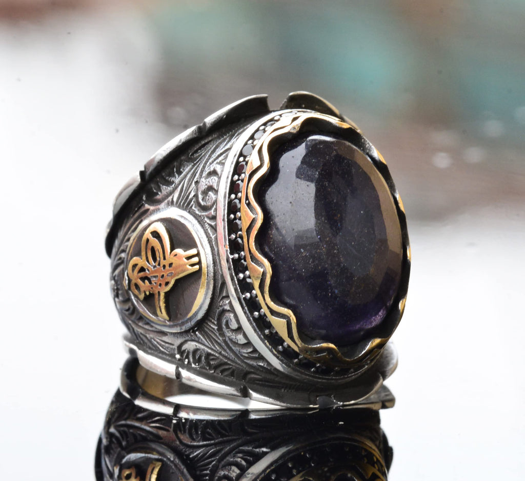 KAMBO Handcrafted Men's Ring with Genuine Blue Sapphire - 925 Sterling Silver, Intricate Ottoman Sign Design, Middle Eas