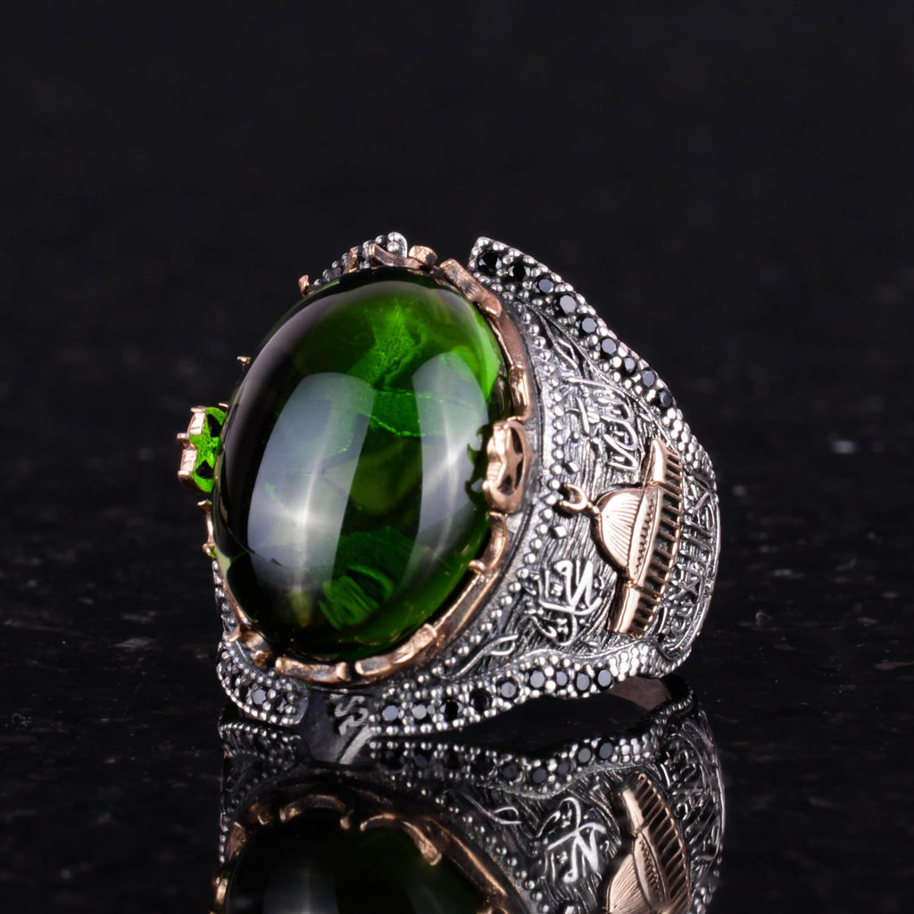 925 Sterling Silver Islamic Men's Ring, Synthetic Peridot Green Stone Ring — 4