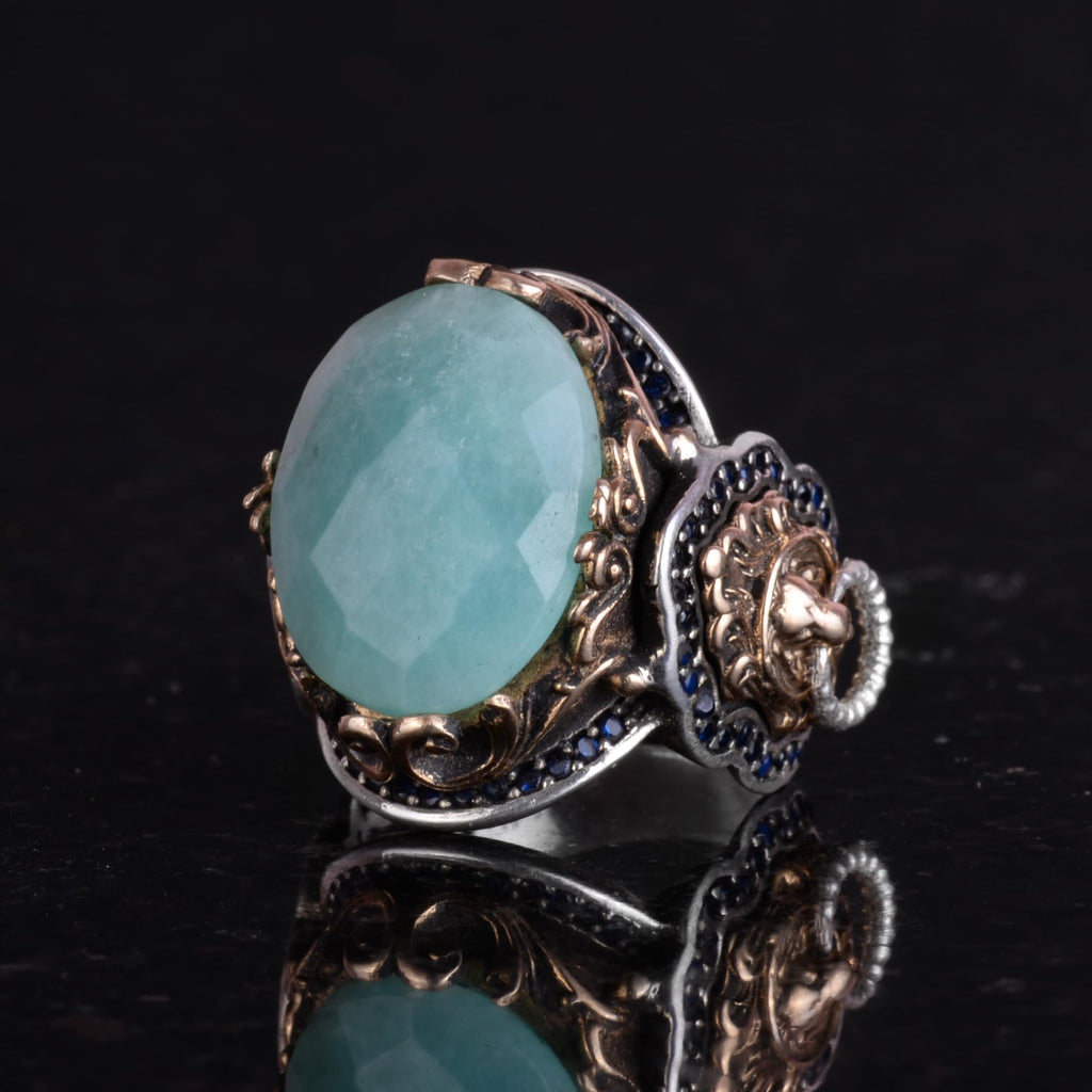 Natural Amazonite Stone Ring - 925 Sterling Silver Lion Ring — 4