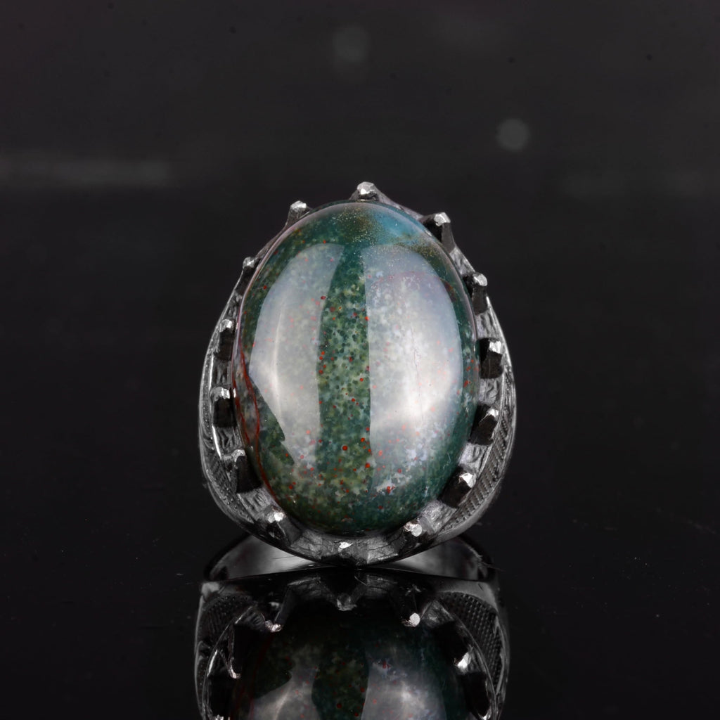 KAMBO Natural Stone Men's Large Ring – 925 Sterling Silver Ottoman Sword Motif Signet Ring (Green Bloodstone) — 4