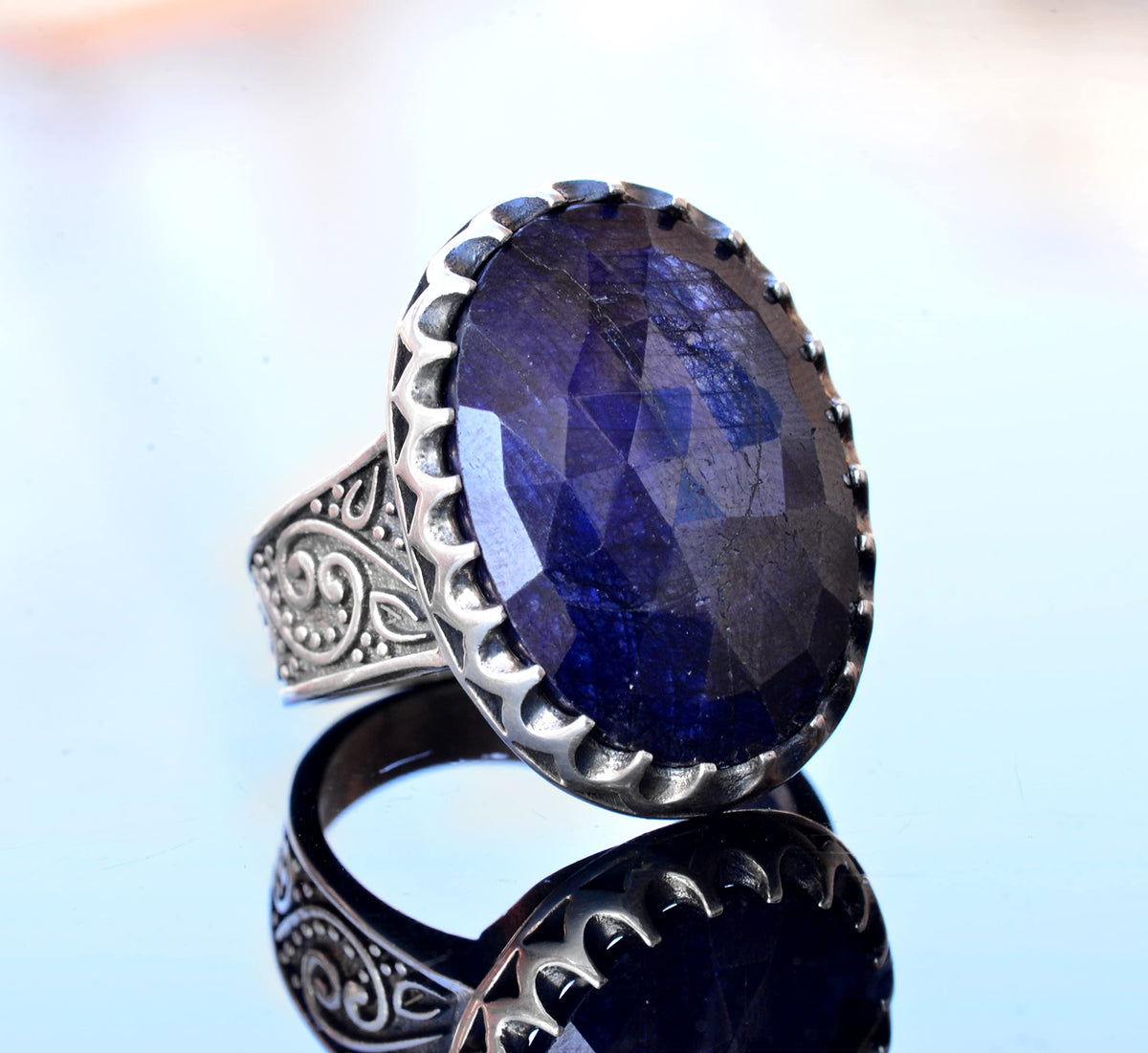 Handmade Natural Sapphire Stone Ring, 925 Sterling Silver Men's Ring - Wisdom and Abundance Design — 3