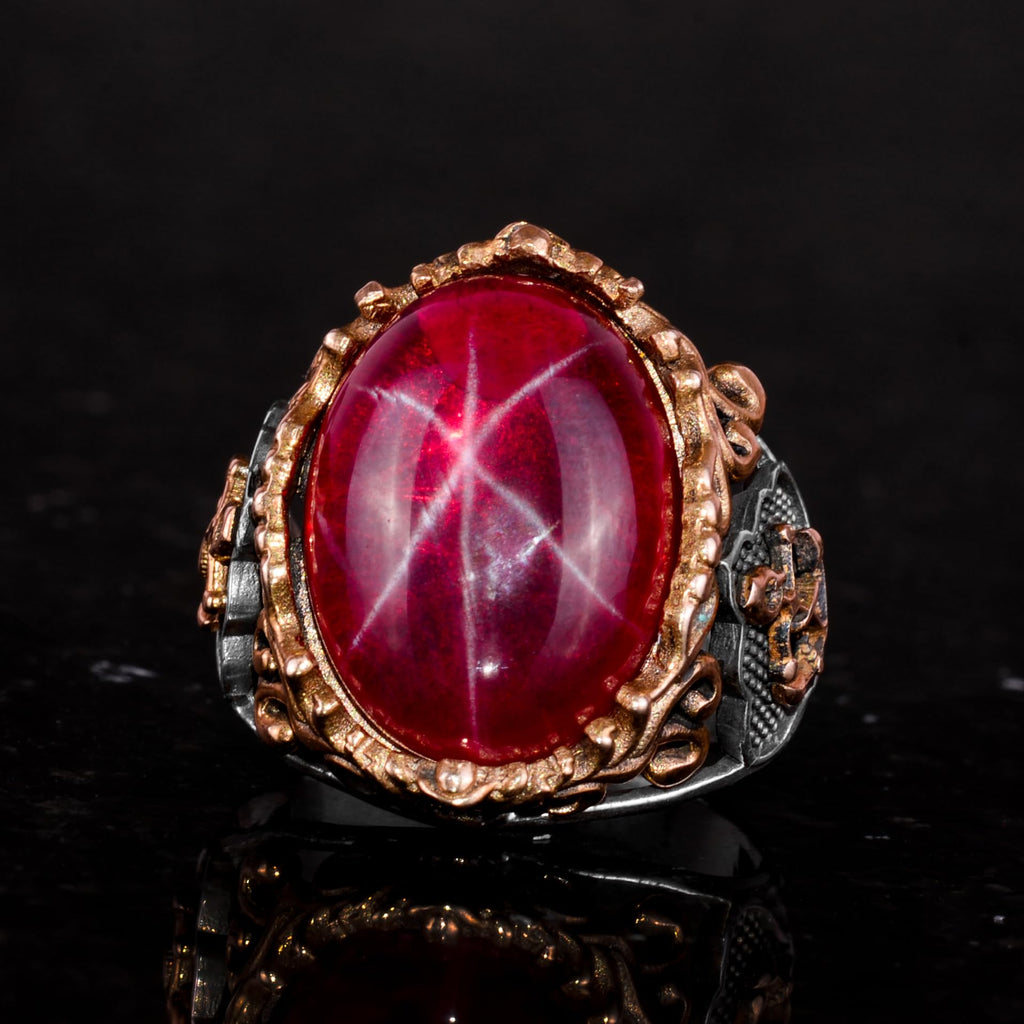 Nautical Anchor Ring - Natural Star Ruby Stone 925 Sterling Silver Men's Ring — 4