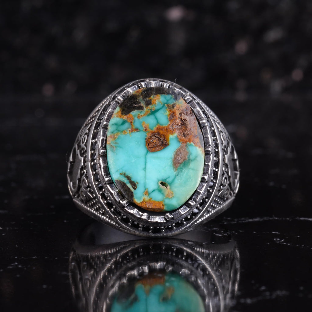 KAMBO Turquoise Stone Men's Ring 925 Sterling Silver – Natural Turquoise Statement Ring – Vintage Ottoman Style Handmade Men's Ring (Turquoise-7) — 4