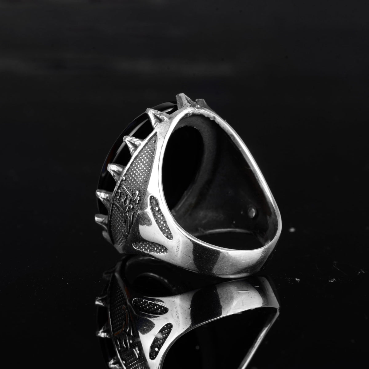 KAMBO 925 Sterling Silver Islamic Calligraphy Ring – Men's Ring with Natural Agate Stone – Handmade Ottoman Seljuk Inspired Statement Jewelry — 7