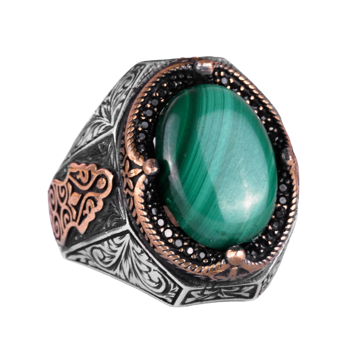 Natural Malachite Stone Ring - 925 Sterling Silver Men's Ring