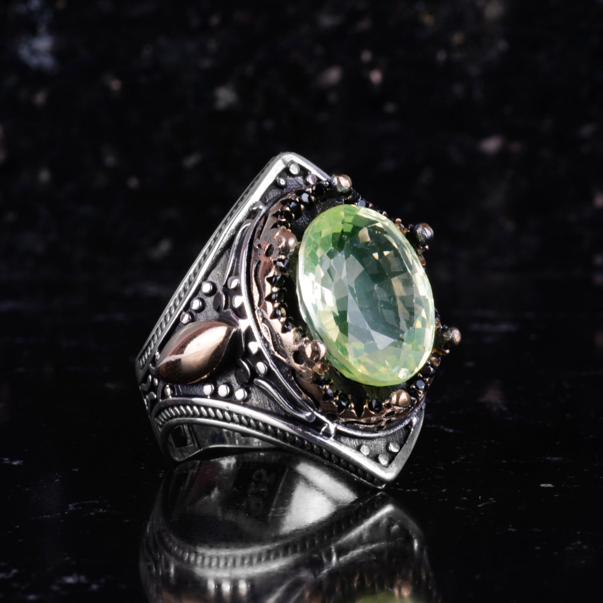 KAMBO Certified Natural Green Tourmaline Men's Ring – Bronze Detailed 925 Sterling Silver – Oval Cut Statement Ring — 6