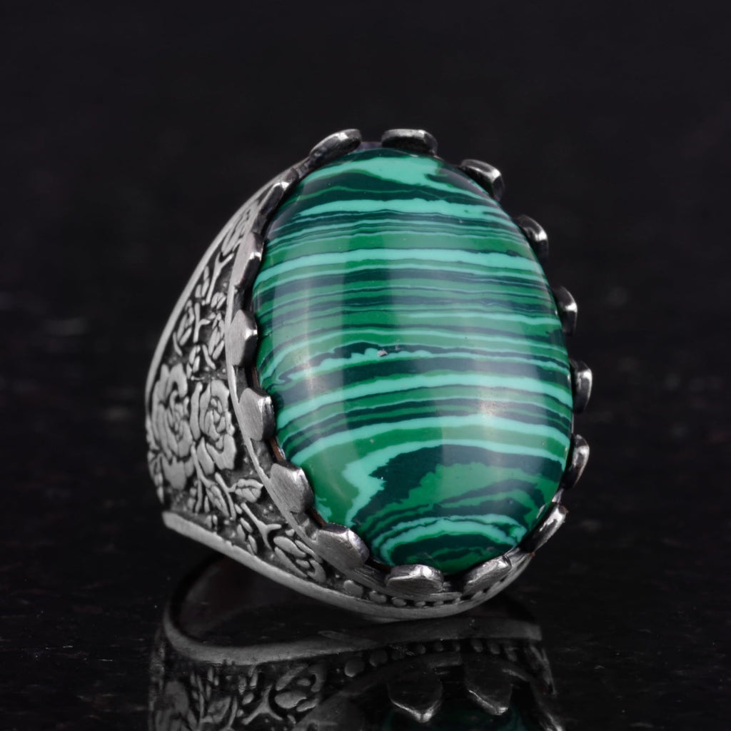 Natural Malachite Stone Ring - Rose Pattern Ring - 925 Sterling Silver Ring - Handmade Large Ring — 5