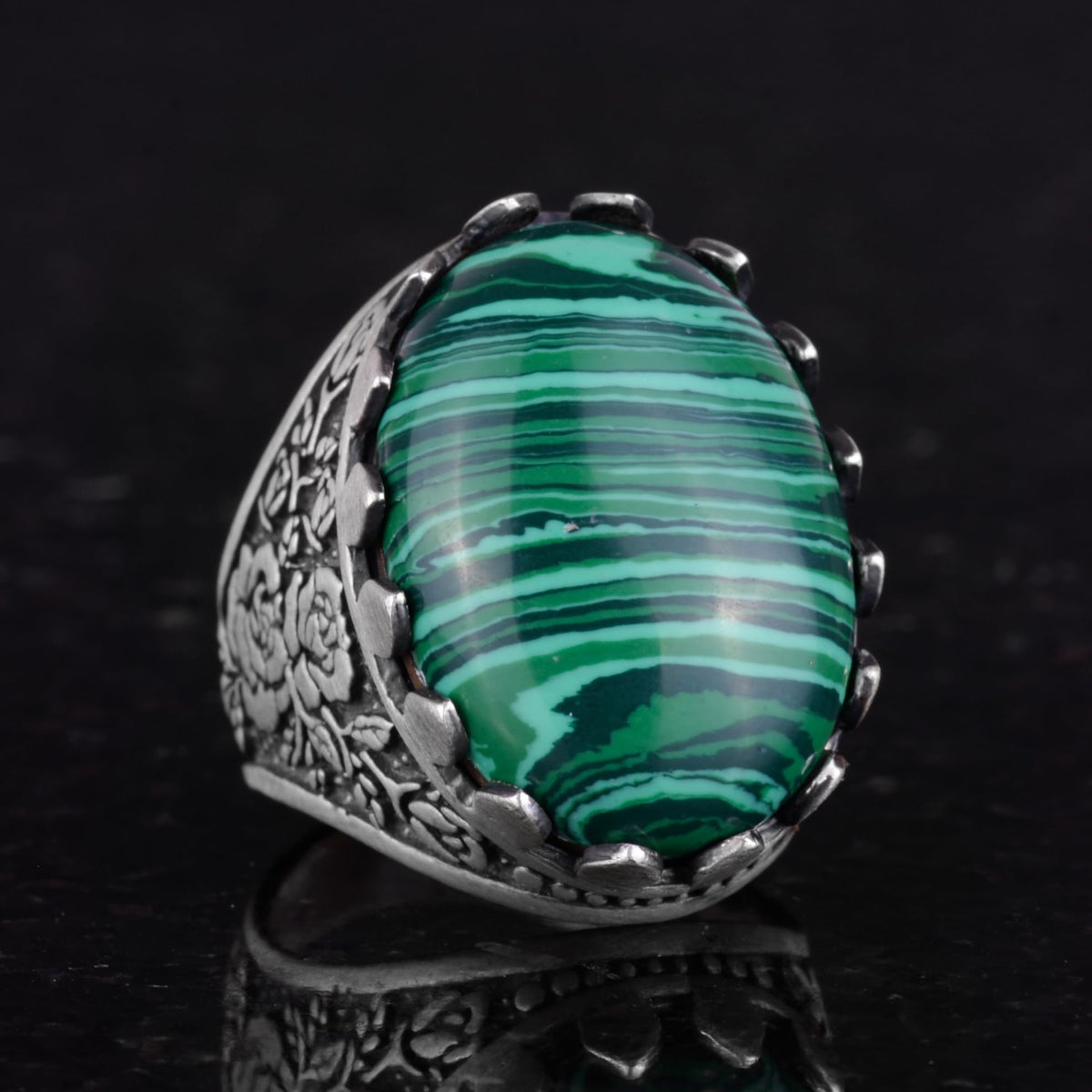 Natural Malachite Stone Ring - Rose Pattern Ring - 925 Sterling Silver Ring - Handmade Large Ring — 5