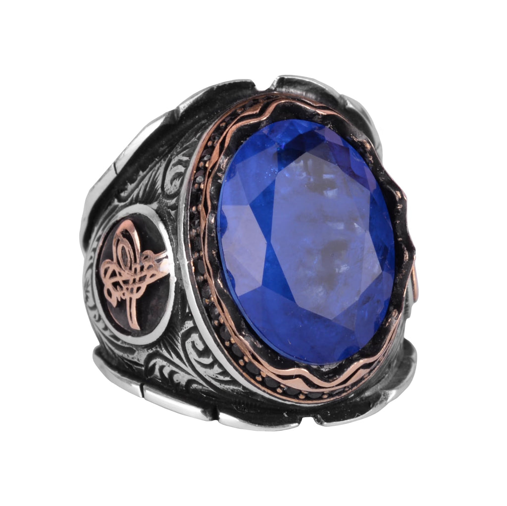 925 Sterling Silver Ring, Ottoman Silver Ring, Dark Blue Paraiba Synthetic Stone Ring