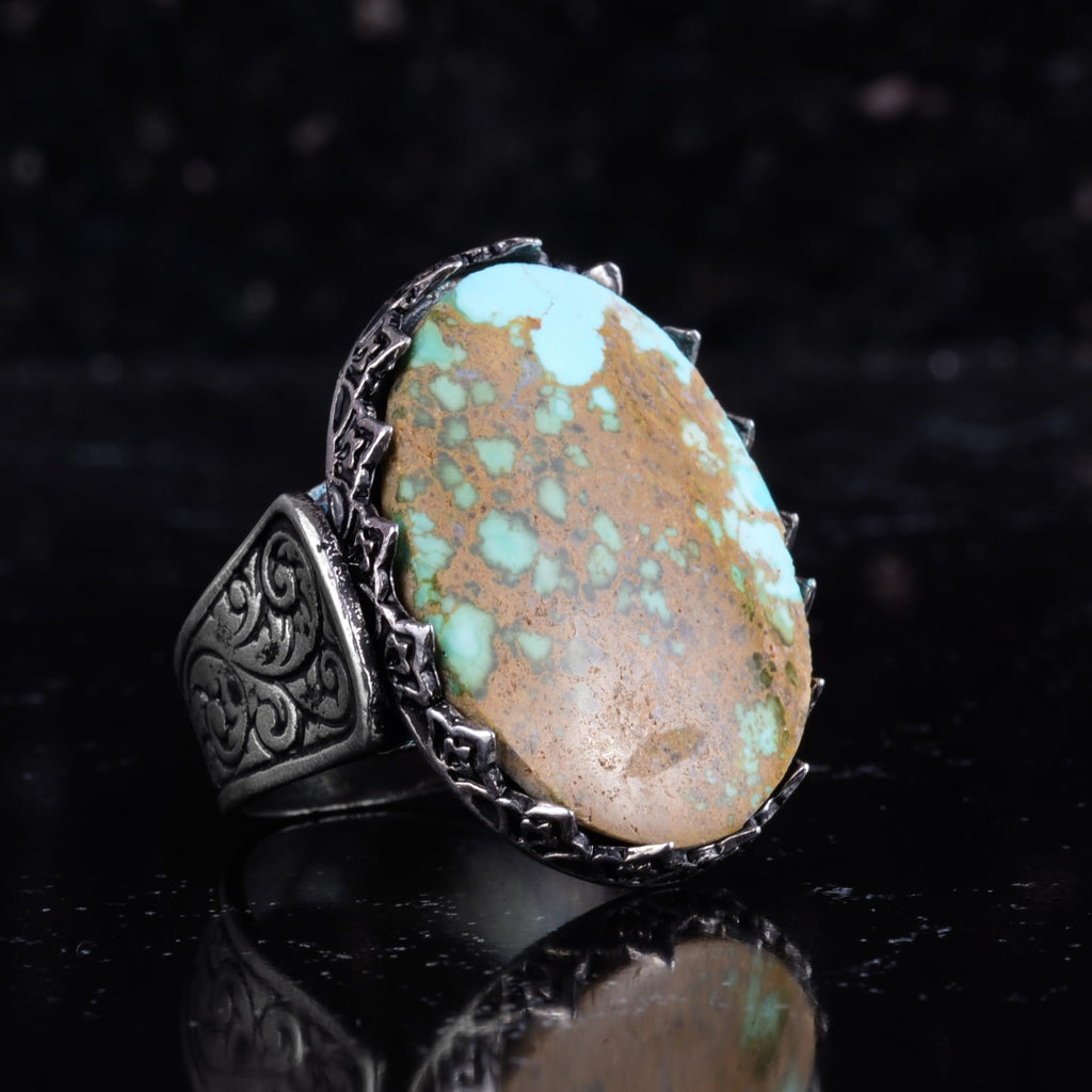 KAMBO Natural Turquoise Large Men's Ring 925 Sterling Silver Oval Statement Ring Raw Stone Vintage Handmade Ring (Turquoise-3) — 6