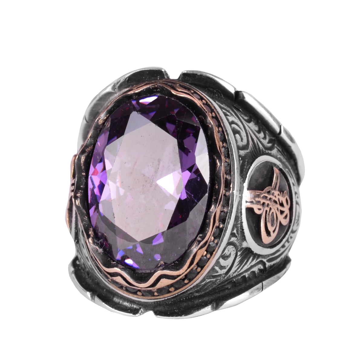 Synthetic Amethyst Stone Ring, 925 Sterling Silver Ring, Ottoman Tugra Silver Ring