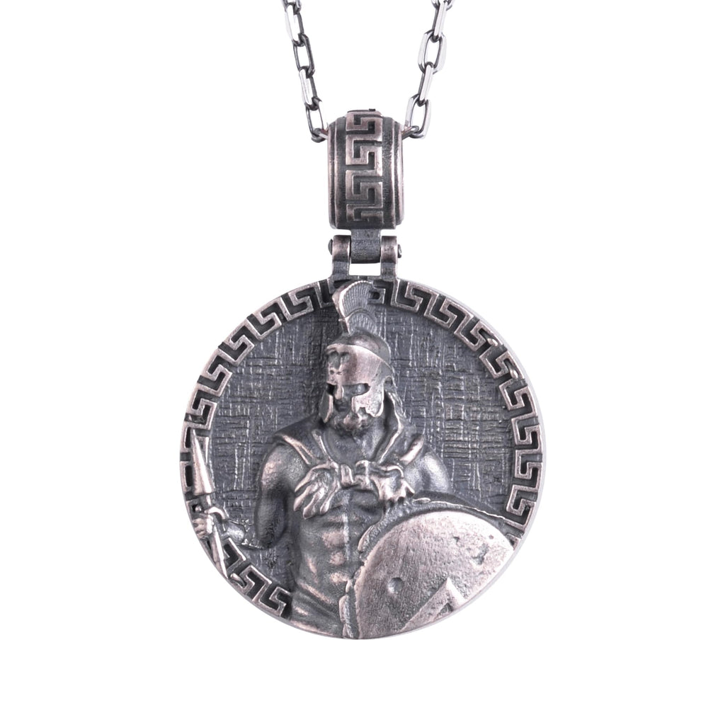KAMBO Handmade Greek Shield and Sword Warrior Necklace - 925 Sterling Silver Chain Spartan Soldier Necklace - Symbol of Courage, Honor, and Strength (Silver)
