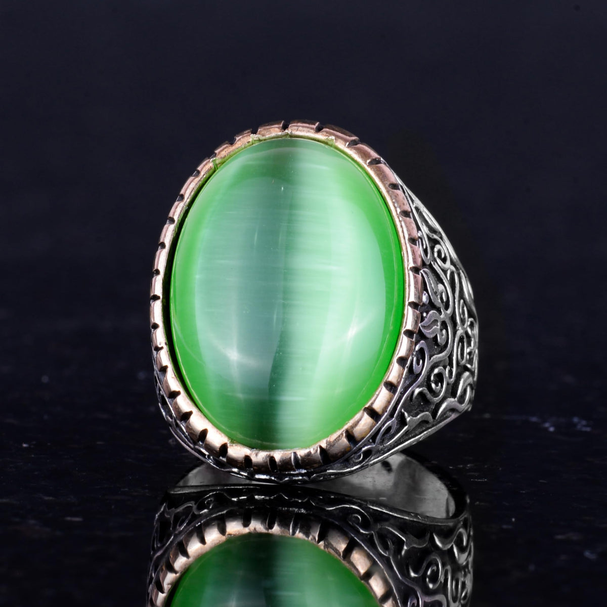 925 Sterling Silver Men's Ring, Large Ring (Light Green Cat's Eye Stone) — 5