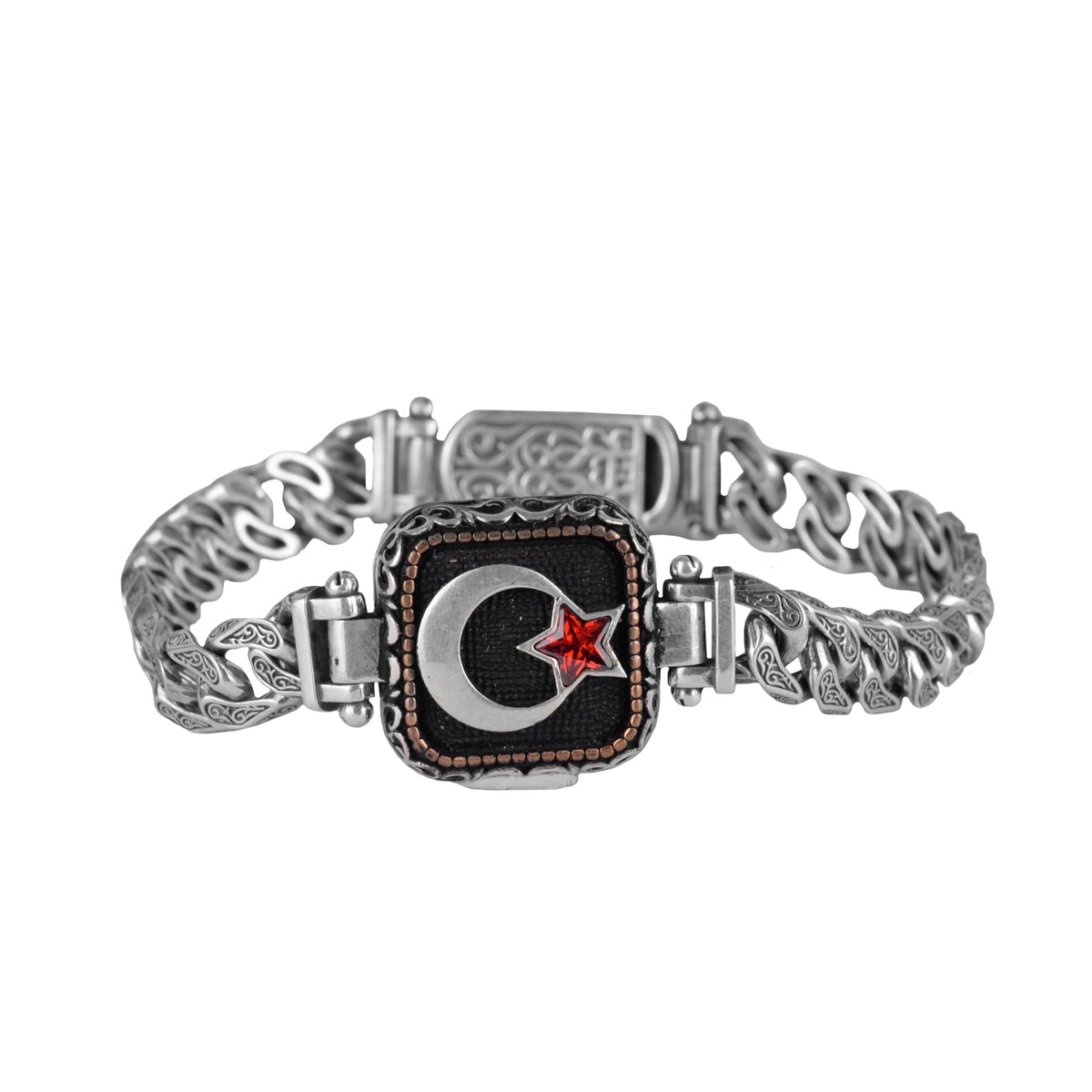 925 Sterling Silver Men's Bracelet, Turkish Crescent and Star Design, Handmade Chain Bracelet