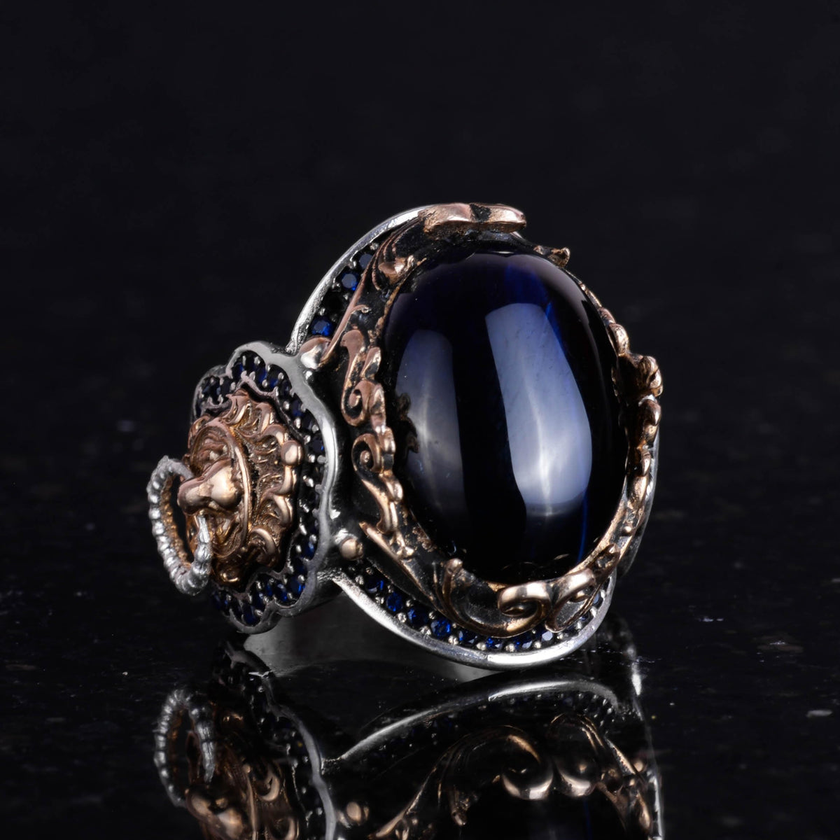 925 Sterling Silver Men's Ring - Dark Blue Cat's Eye Synthetic Stone - Lion Symbol Handmade Ring — 4