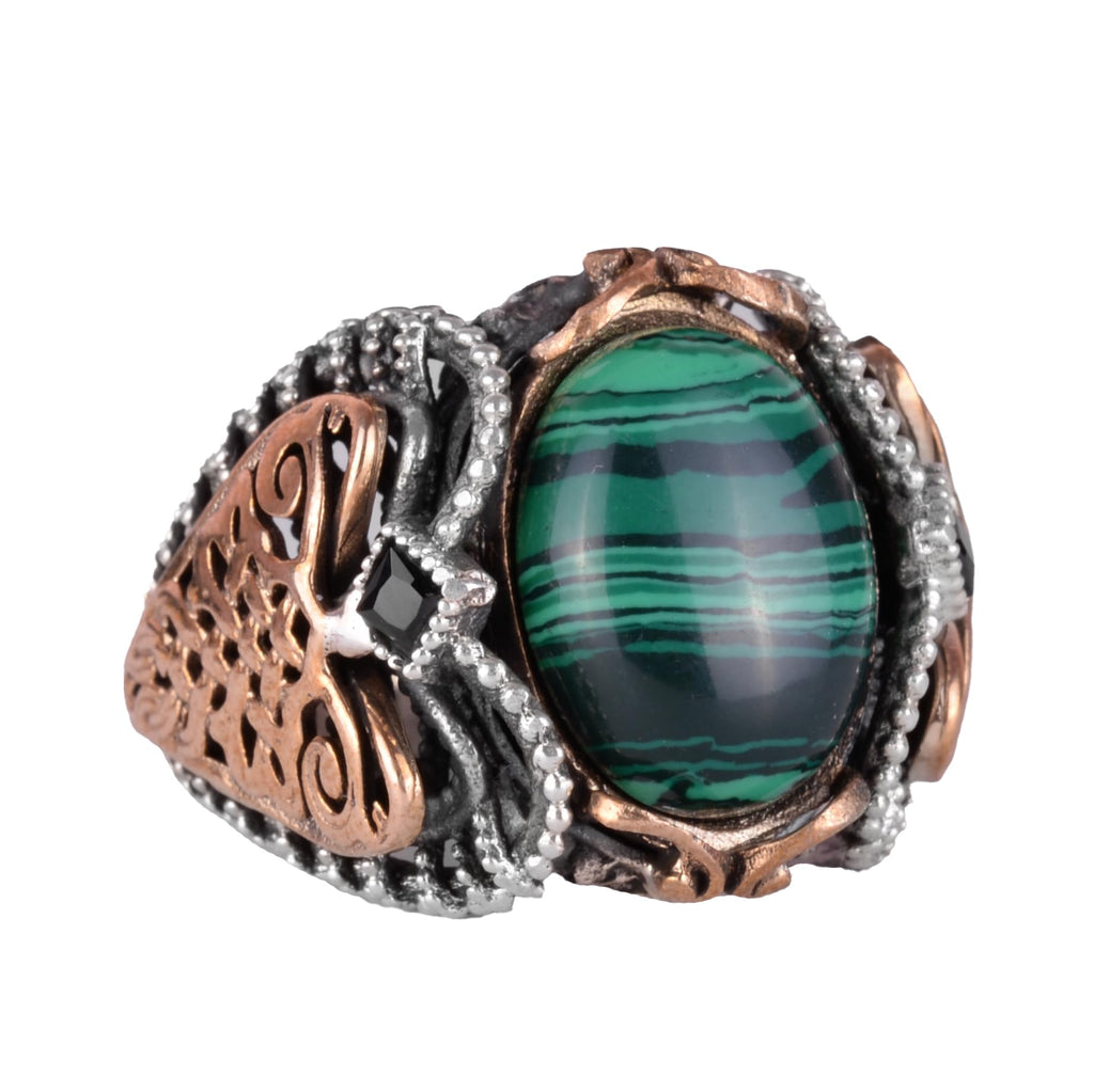 Natural Malachite Stone Ring, 925 Sterling Silver Men's Ring