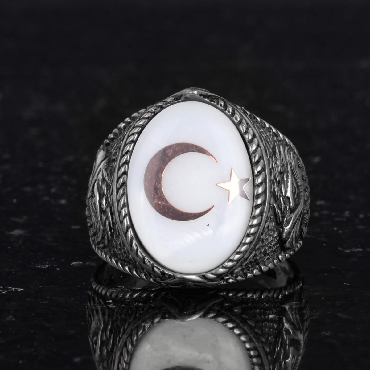 Men's Crescent and Star Eagle Ring - 925 Sterling Silver, Natural Mother of Pearl Stone - Turkish Crescent Design — 4