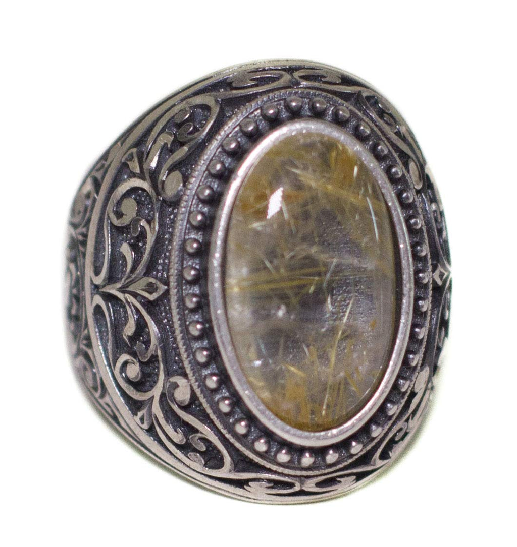 KAMBO Handmade 925 Sterling Silver Men's Ring with Natural Rutilated Quartz Gemstone - Unique Vintage Statement Jewelry 