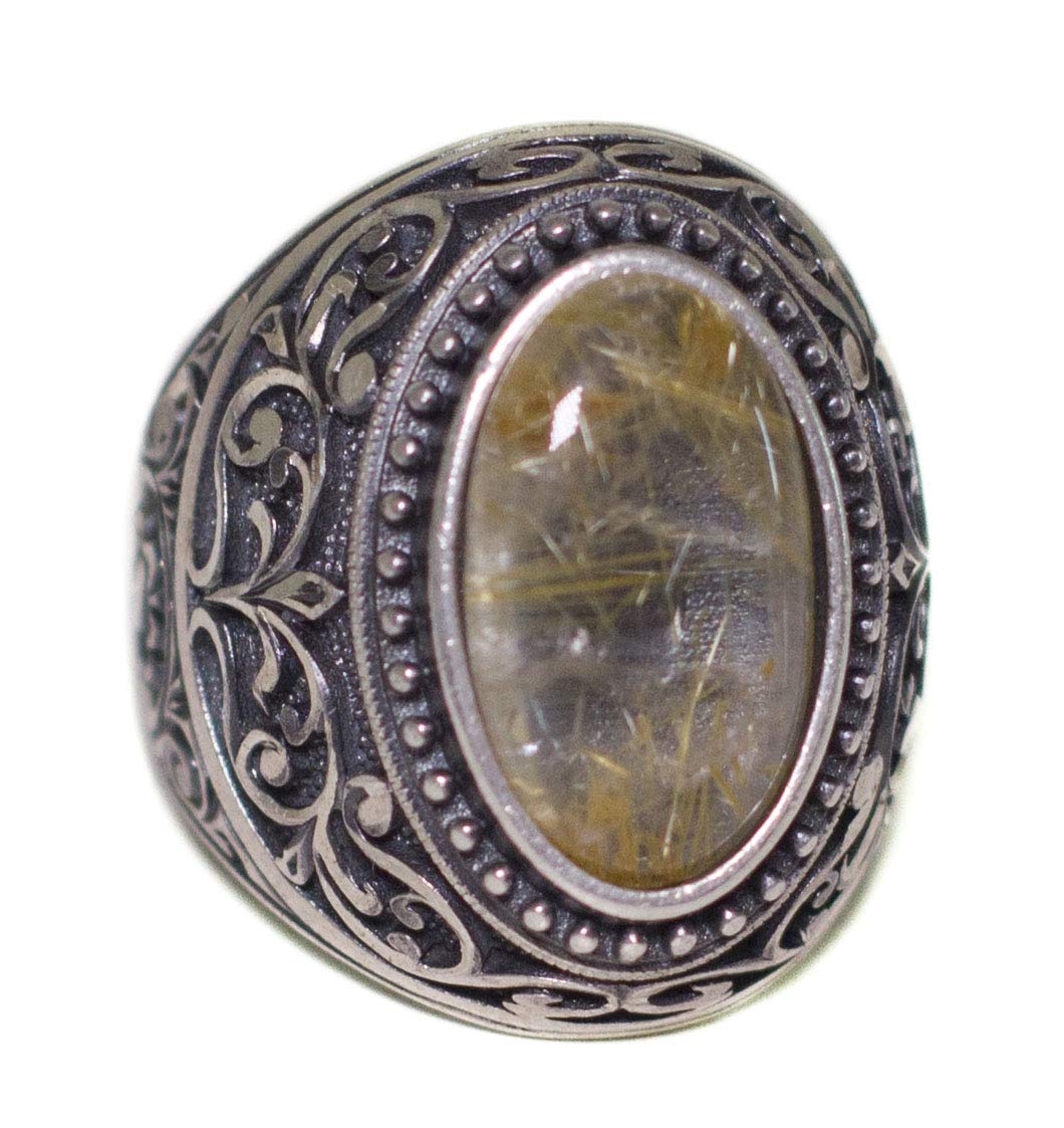 KAMBO Handmade 925 Sterling Silver Men's Ring with Natural Rutilated Quartz Gemstone - Unique Vintage Statement Jewelry 