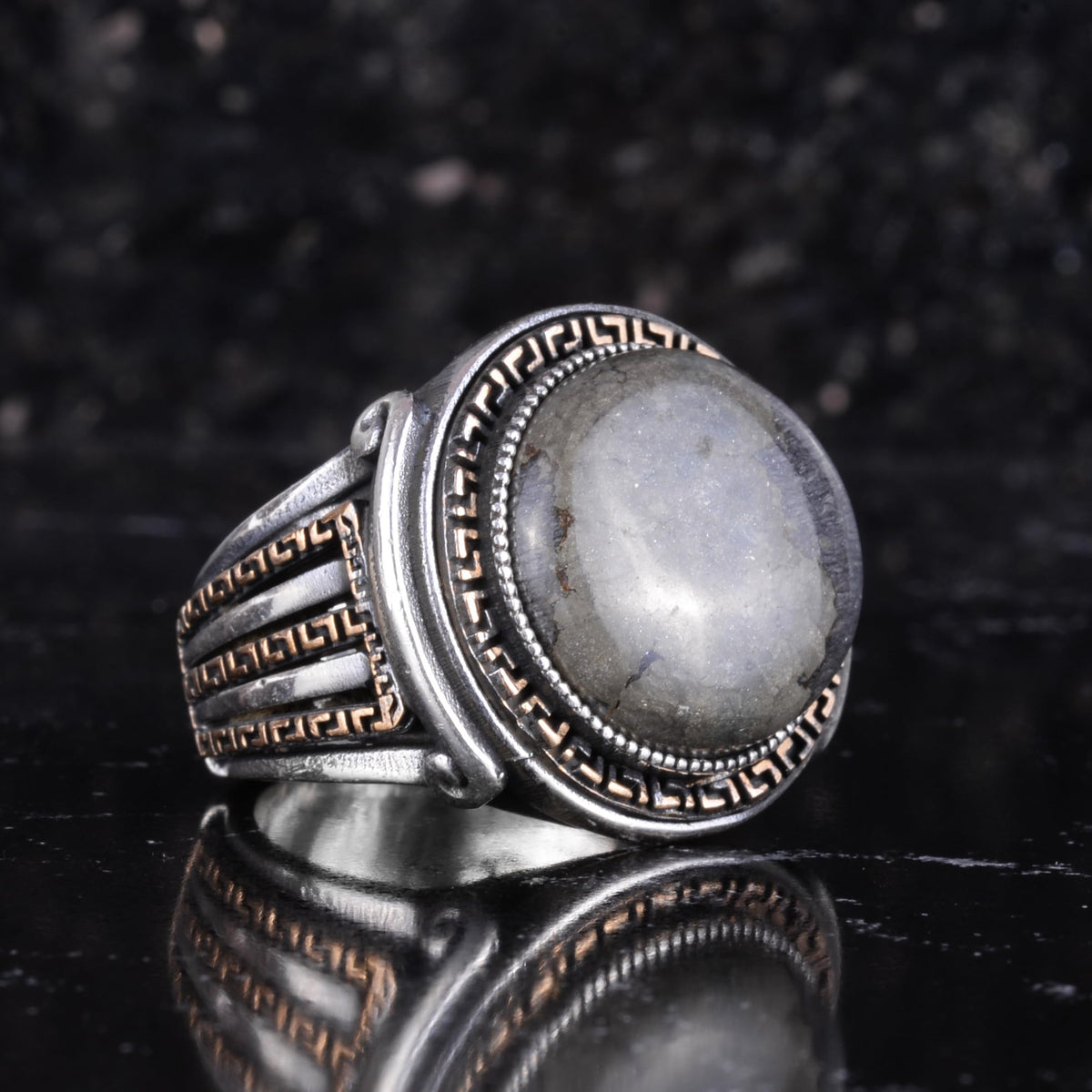 KAMBO Stone Round Men's Ring 925 Sterling Silver – Cabochon Handmade Vintage Greek Pattern Statement Ring (Pyrite) — 6