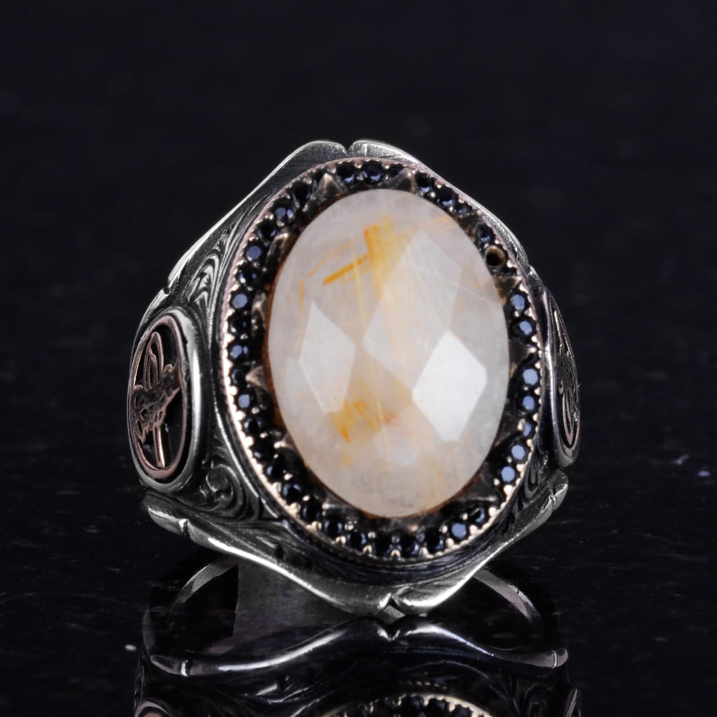 925 Sterling Silver Men's Ring - Handmade Elegance with Natural Stone (Golden Rutilated Quartz) — 2