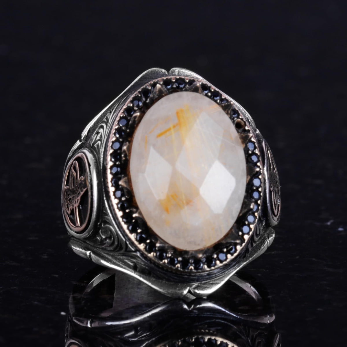 925 Sterling Silver Men's Ring - Handmade Elegance with Natural Stone (Golden Rutilated Quartz) — 2