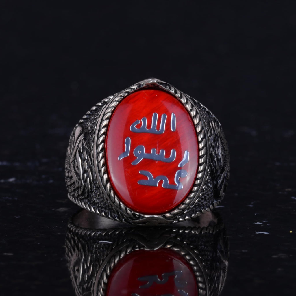 Islamic Men's Ring - Eagle Symbol Ring - 925 Sterling Silver Handmade Men's Ring (Red) — 4