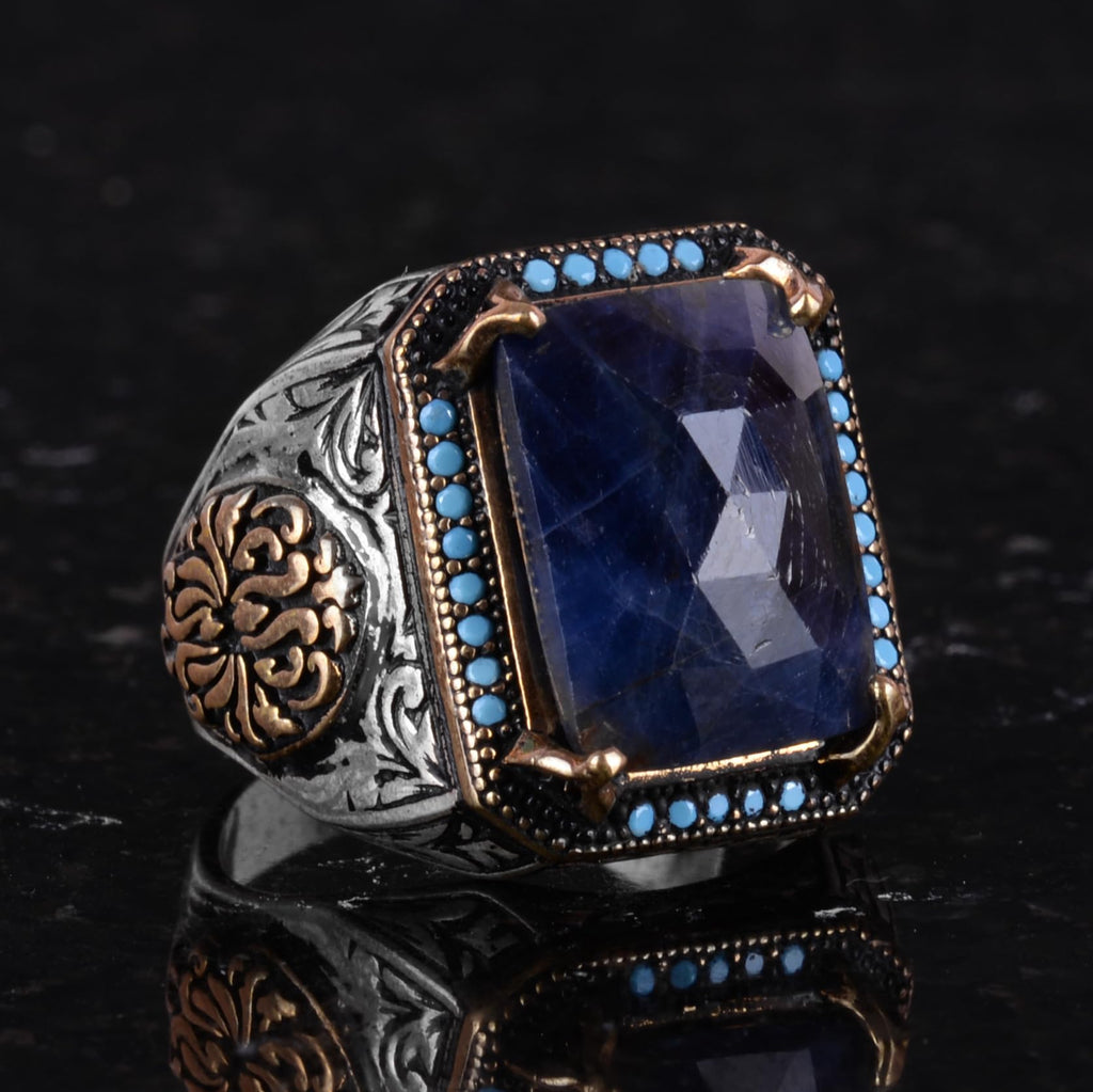 Natural Sapphire Stone Ring, Rectangular Design - 925 Sterling Silver Men's Ring, Handmade Elegance — 5