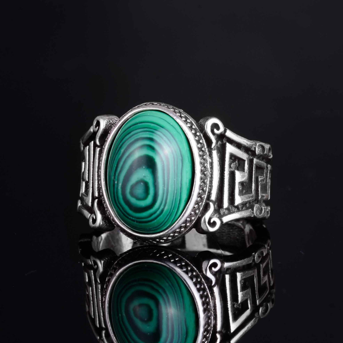 KAMBO 925 Sterling Silver Natural Stone Men's Ring – Labyrinth Pattern Handmade Vintage Statement Ring (Malachite) — 5
