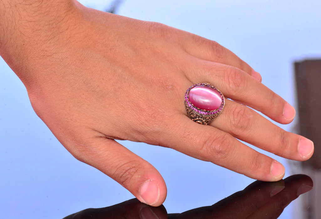 925 Sterling Silver Men's Ring - Pink Cat's Eye Stone King Ring - Handmade Men's Jewelry — 6