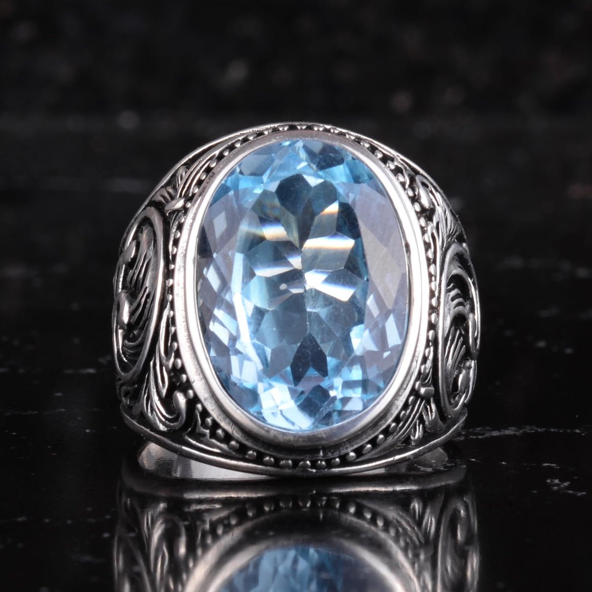 KAMBO Natural Swiss Blue Topaz Stone Ring 925 Sterling Silver Men's Ring Certified Oval Faceted Stone Handmade Vintage Design — 5