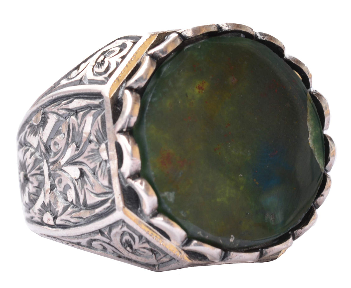 KAMBO Handmade 925 Sterling Silver Men's Ring with Natural Bloodstone Gemstone, Vintage Byzantium Round Design, Statemen