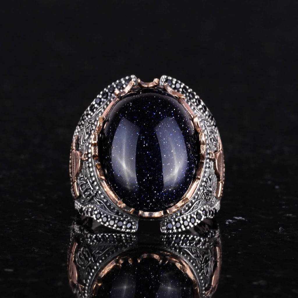 925 Sterling Silver Men's Ring, Blue Synthetic Sunstone Ring — 2