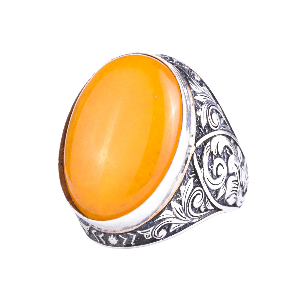 KAMBO Natural Stone Large Men's Ring - Oval Stone Vintage Floral Engraved Statement Ring - 925 Sterling Silver Handmade Men's Jewelry (Yellow Agate)