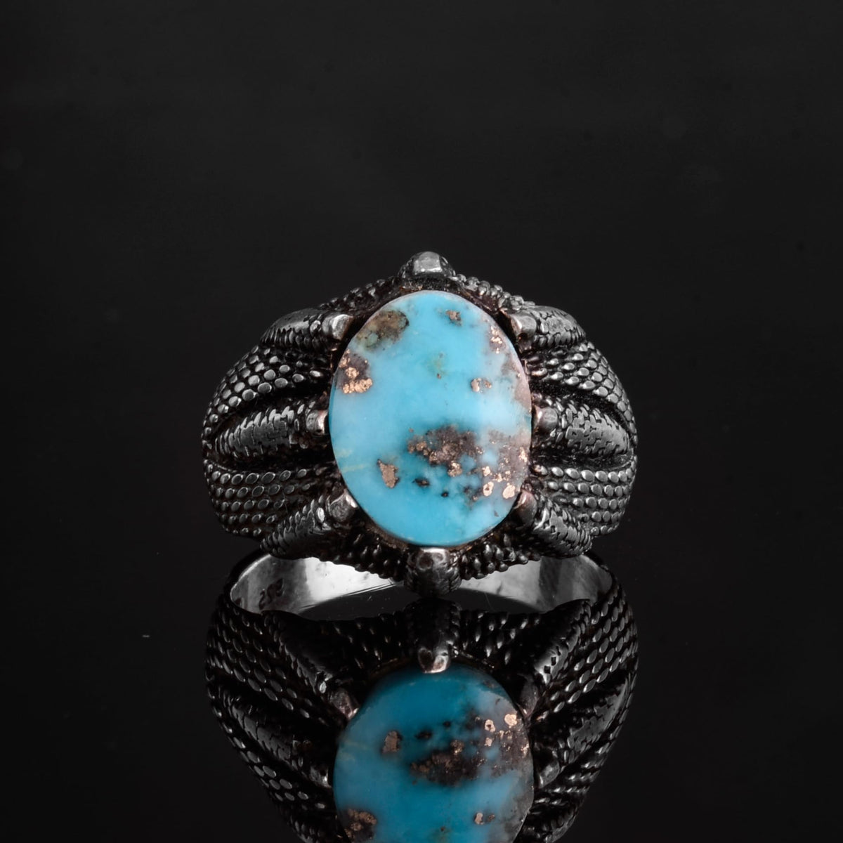 KAMBO Handmade 925 Sterling Silver Men's Ring with Natural Turquoise Gemstone and Claw Detail, Vintage Mythical Warrior 