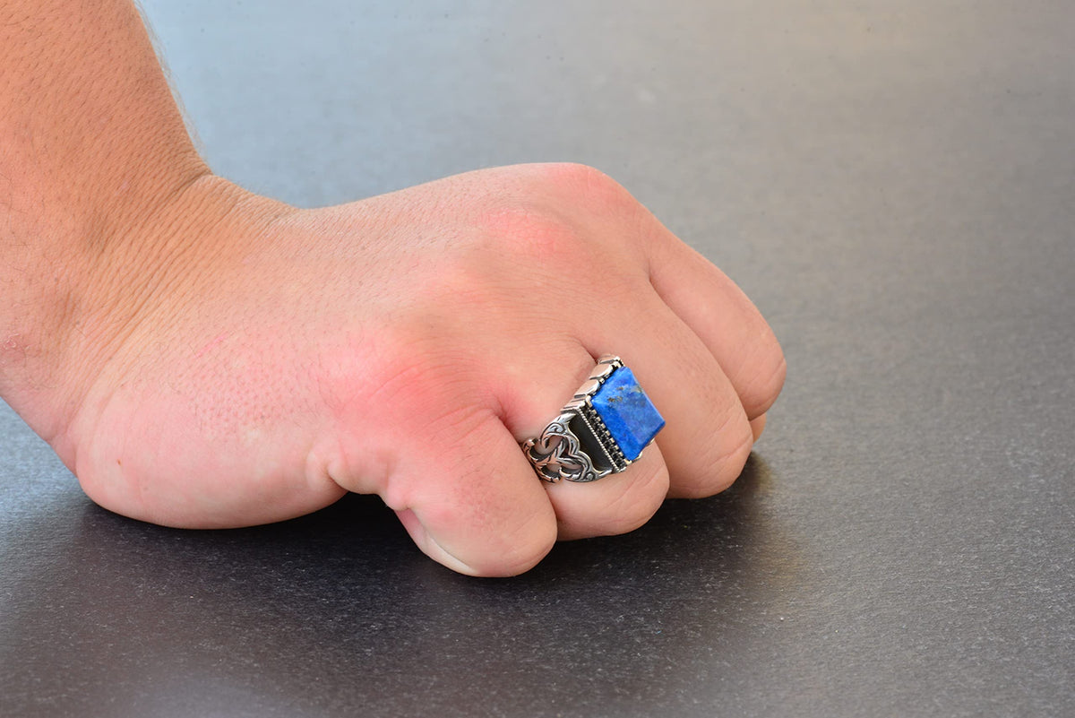 Handcrafted Silver Men's Ring | Natural Lapis Lazuli Stone | Wisdom and Reality Design — 7
